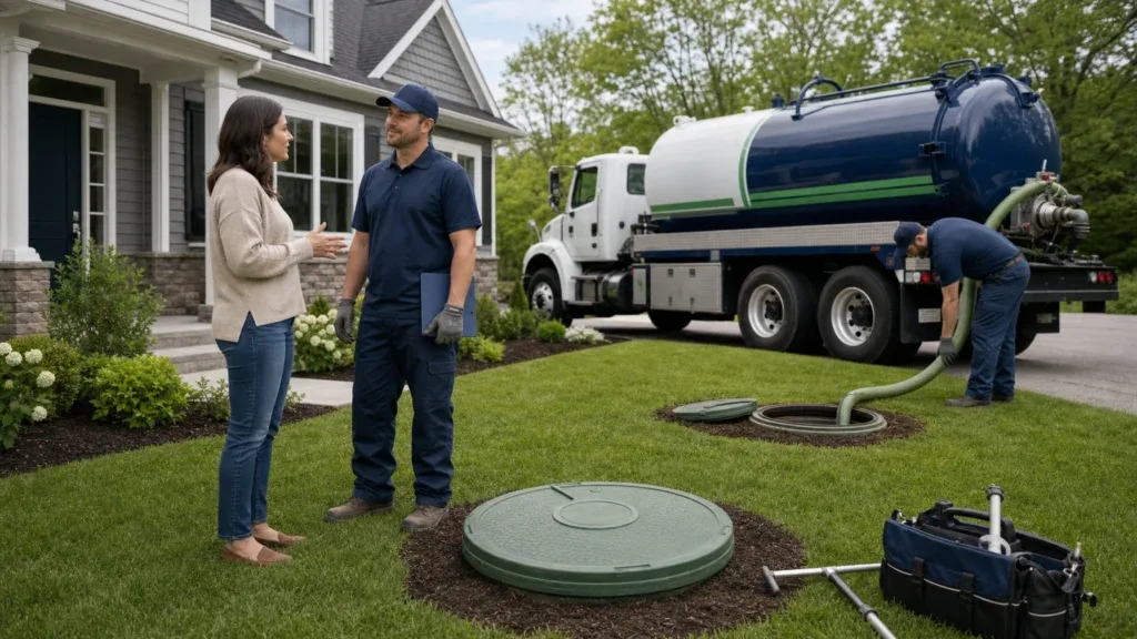 Homeowner speaking with a septic service technician about septic pumping repair inspection and emergency septic service information