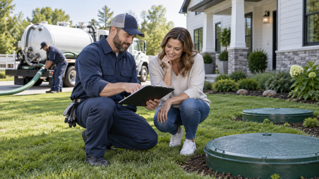 Homeowner reviewing septic service information with a technician near septic tank access lids and a septic service truck