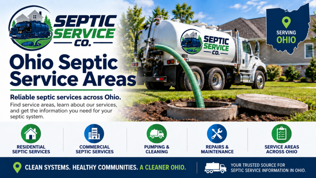 Septic Service Co Ohio septic service areas banner with septic truck residential service scene and septic pumping repair and maintenance information