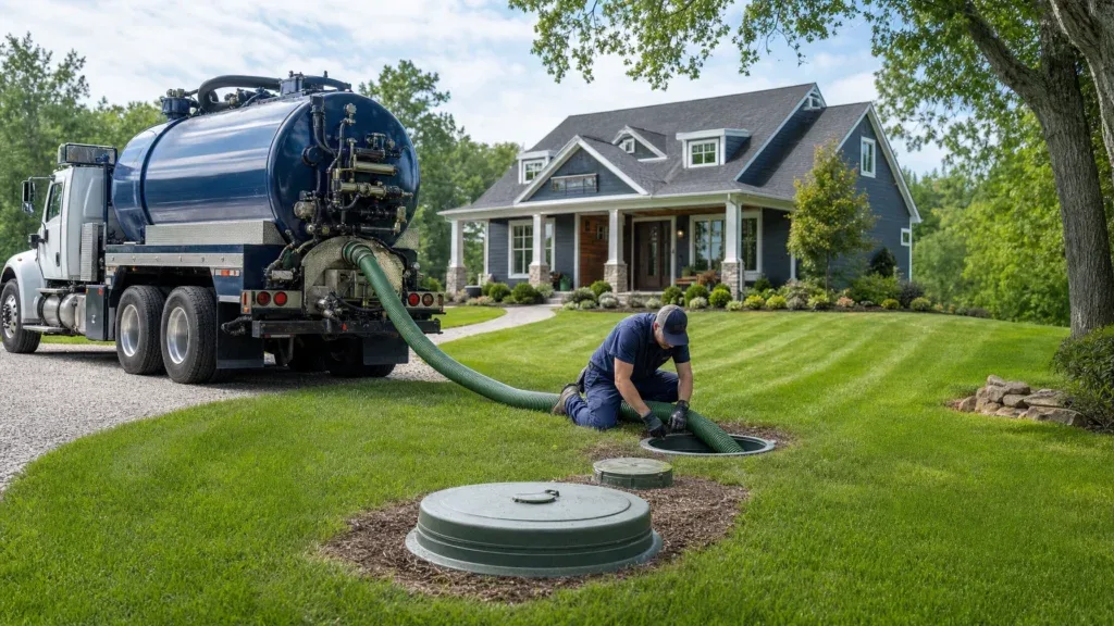 Septic service truck at an Ohio home representing Septic Service Co service areas and septic service information