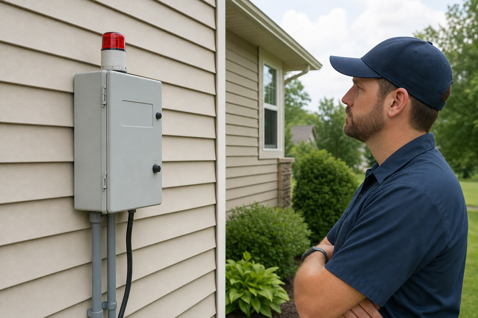 Septic alarm control panel mounted on an exterior wall near a home
