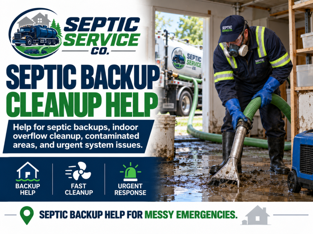 Septic backup cleanup help from Septic Service Co with technician restoring flooded basement area after septic overflow