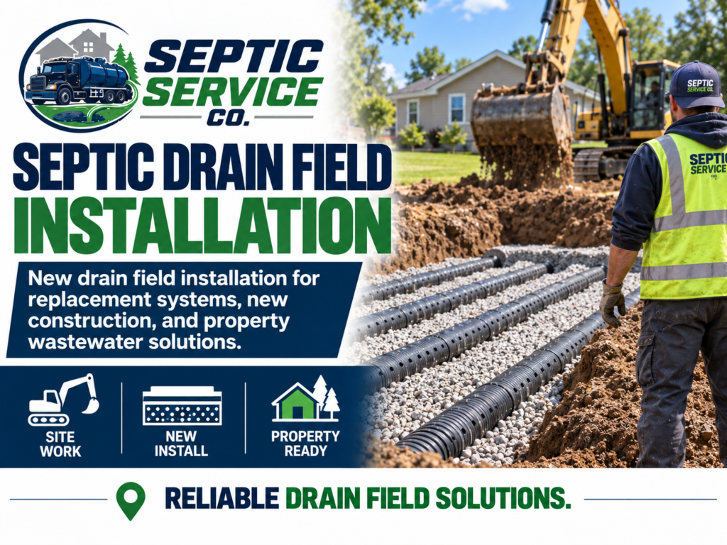 Septic drain field installation from Septic Service Co with excavation equipment and drain field lines installed at a residential property