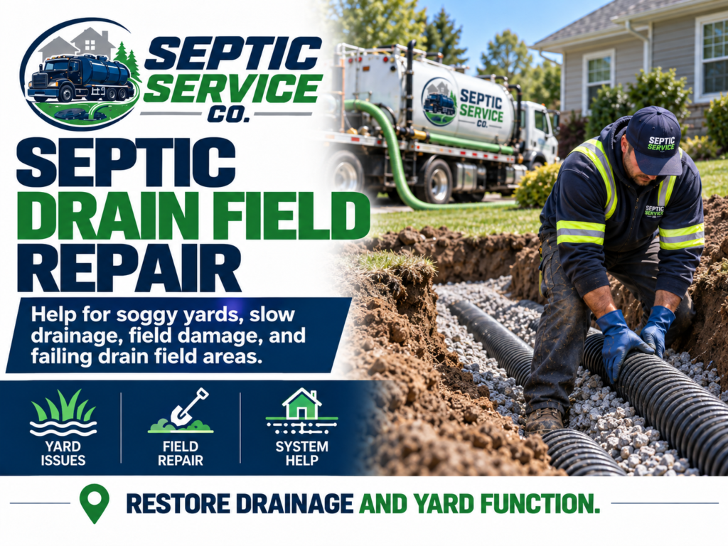 Septic drain field repair help from Septic Service Co with technician working on drainage lines in a residential yard