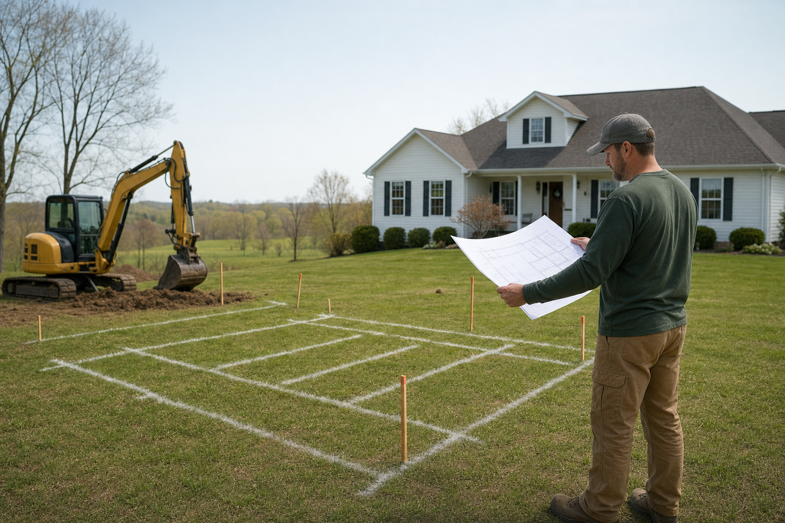 New septic tank being installed at a construction site with excavation equipment nearby