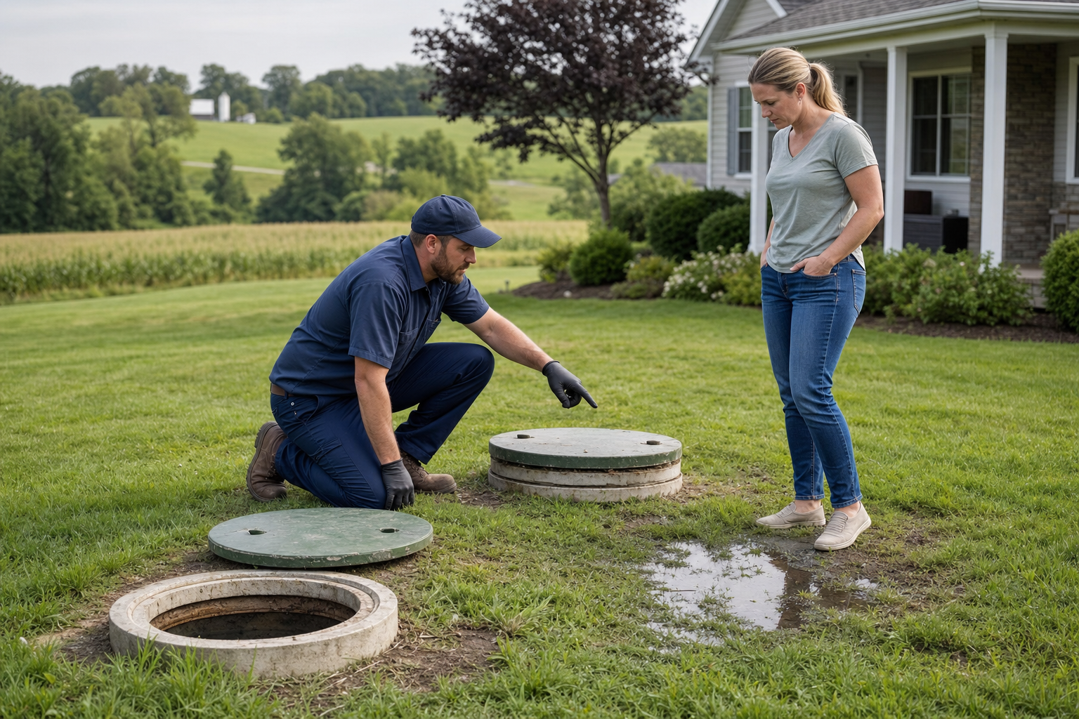 Technician evaluating a septic tank component at an open access point