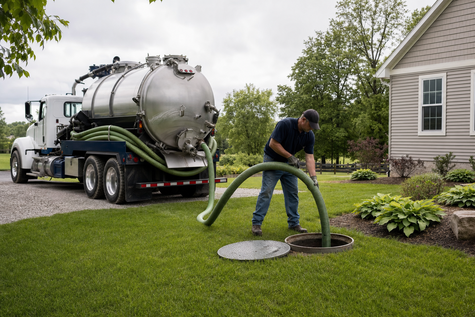Septic service truck with pumping hose connected to a residential septic tank access lid