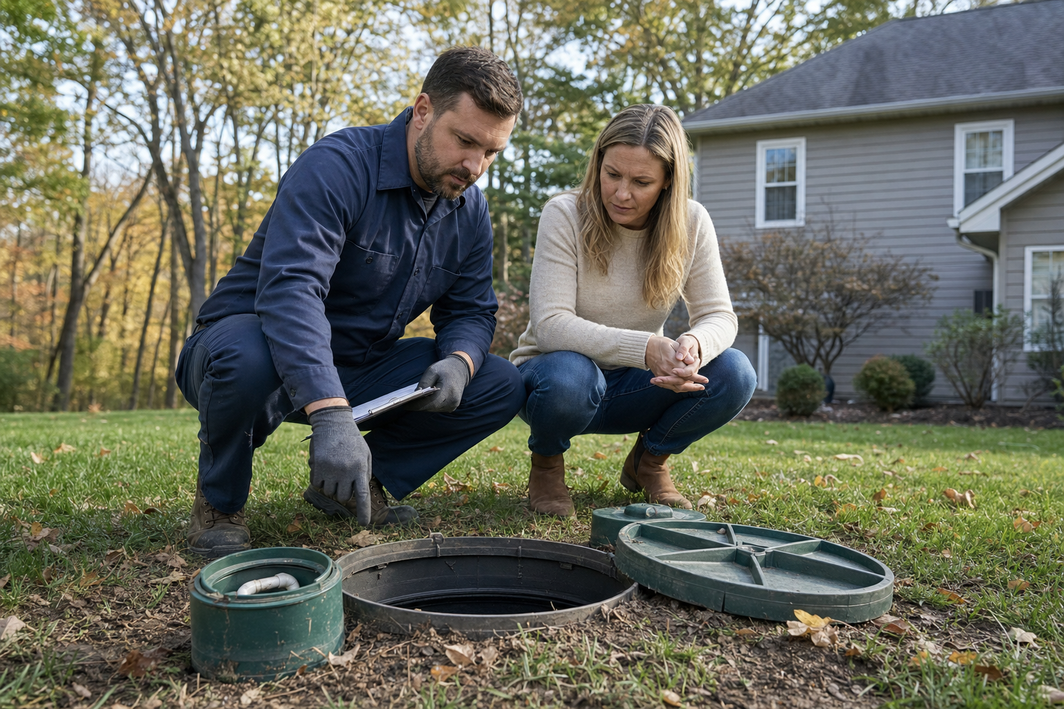 Technician repairing a septic tank component at an open access point