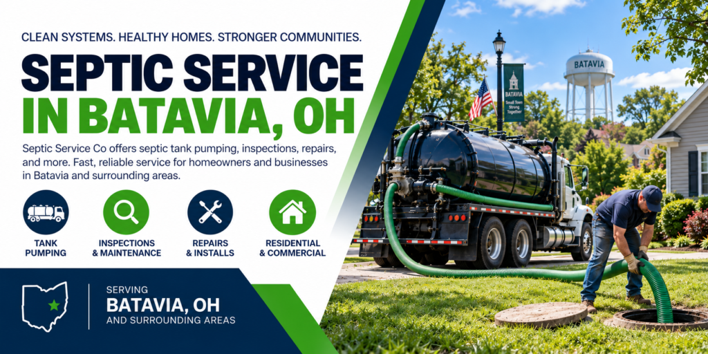 Septic service in Batavia OH showing a septic pumping truck and technician providing residential septic system service.