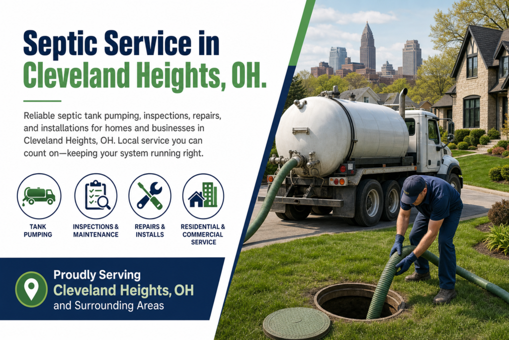Septic Service in Cleveland Heights OH hero banner with septic truck and technician for pumping inspections repairs and installations