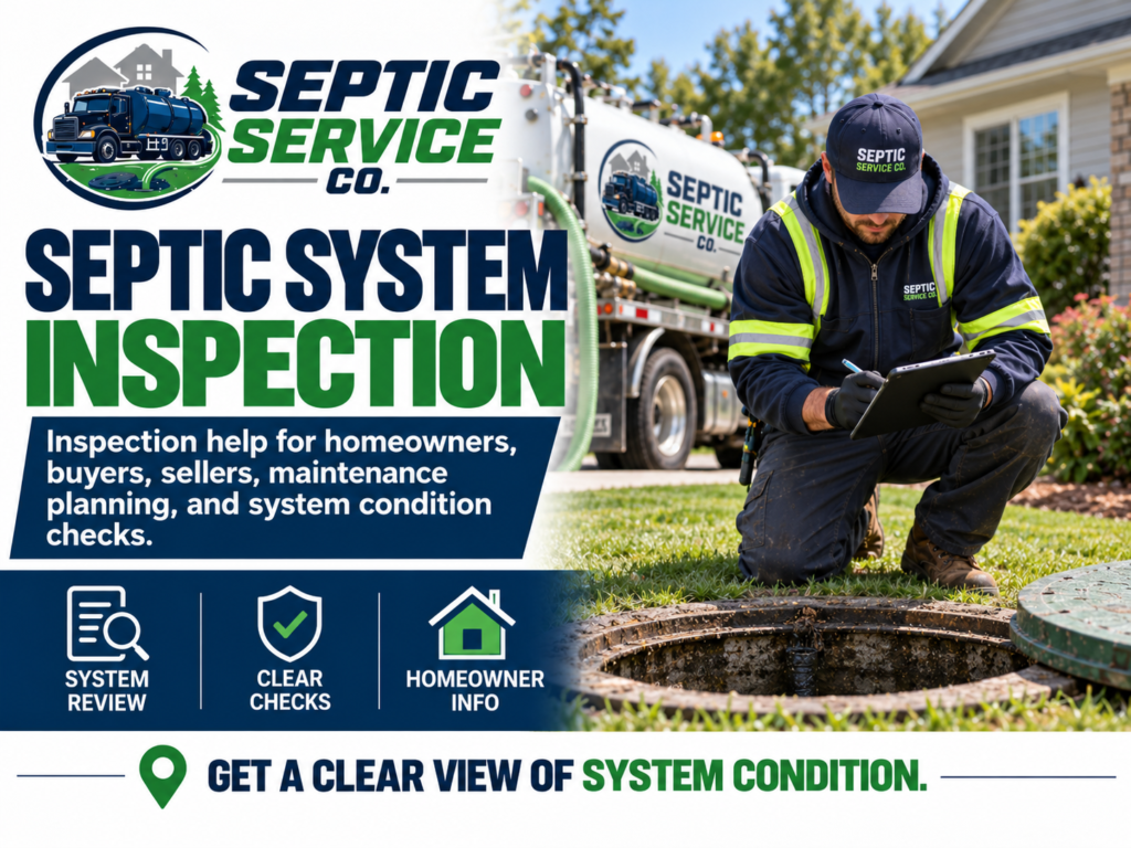 Septic system inspection from Septic Service Co with technician checking septic tank access and recording system condition