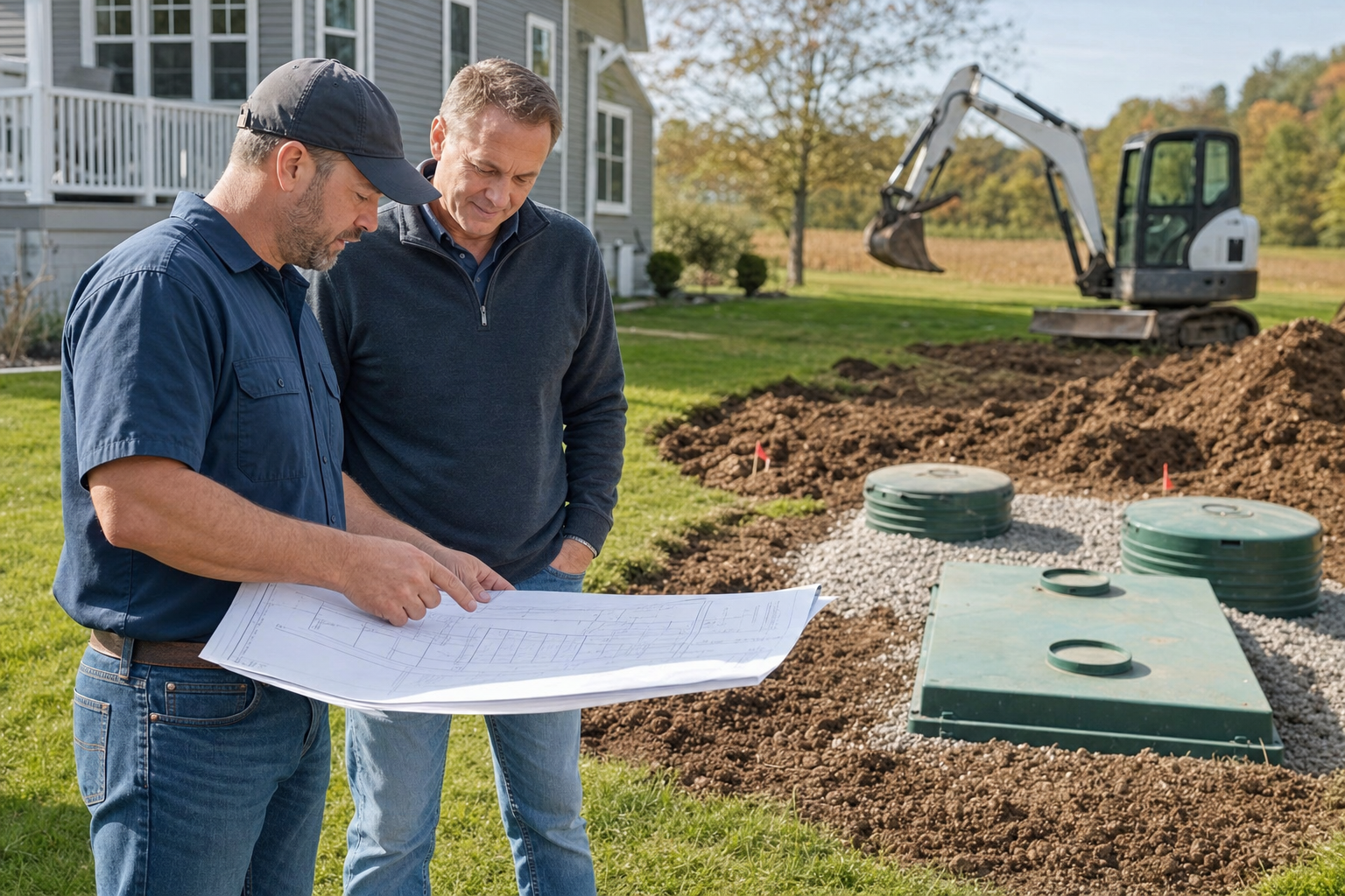 Old failed septic tank being removed and replaced with a new system at a residential property