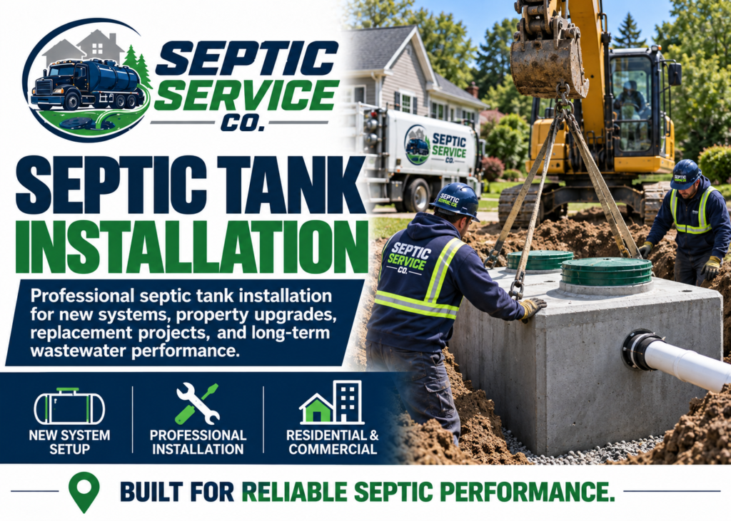 Septic tank installation banner for Septic Service Co showing technicians installing a new septic tank at a residential property.