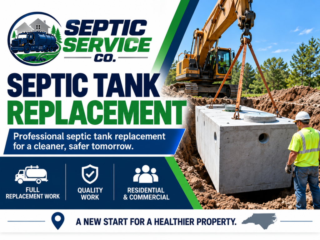 Septic tank replacement service from Septic Service Co with concrete septic tank being installed by excavation equipment